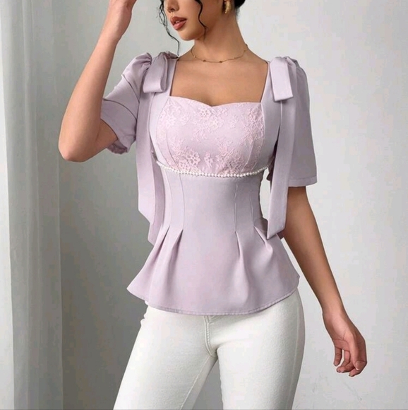 Women's Lace Patchwork Pearl Tie Detail Elegant Blouse - Picture 5 of 5